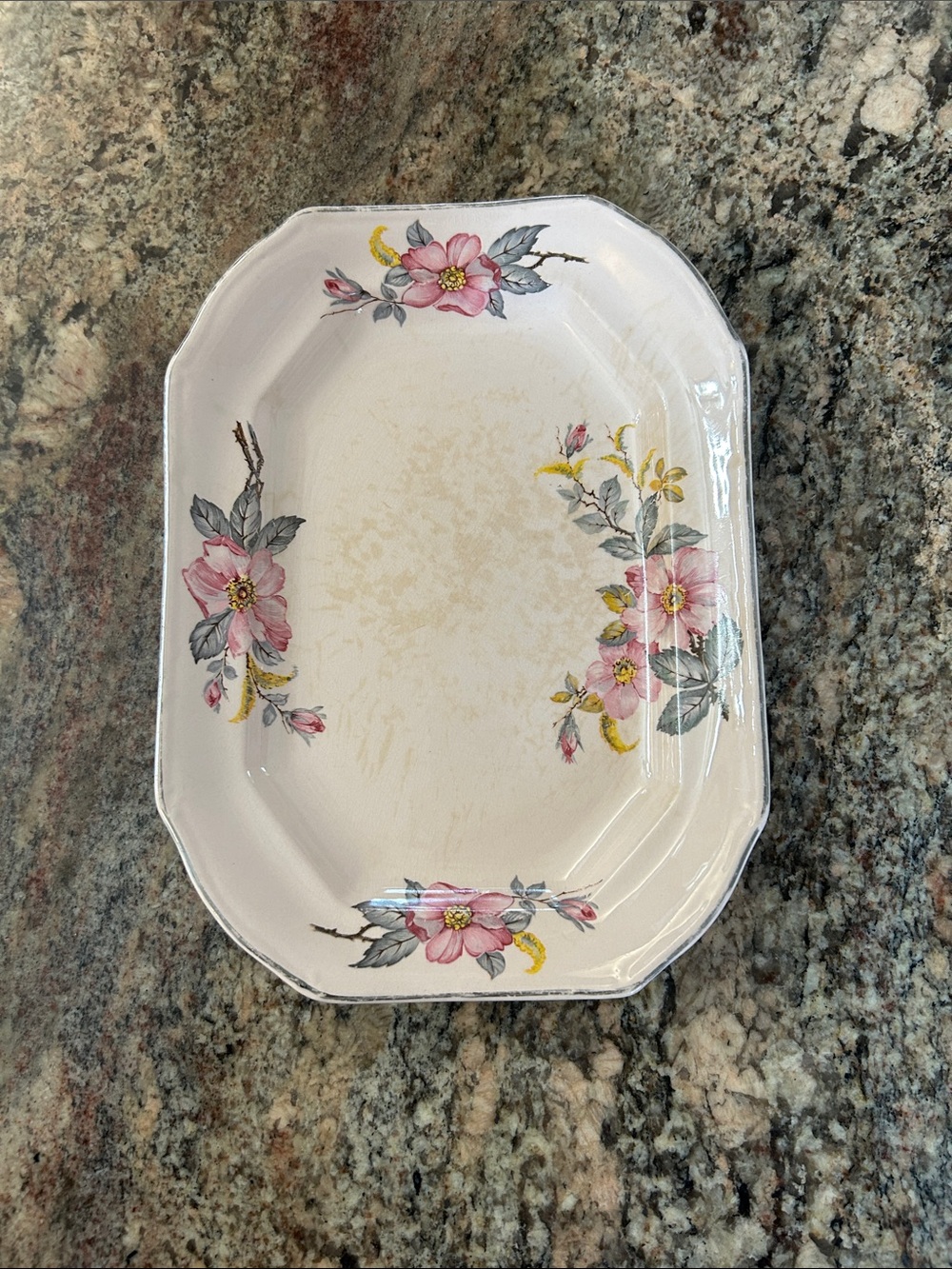 Vintage Ceramic Serving Platter or Vanity Tray Pink with Floral Motif